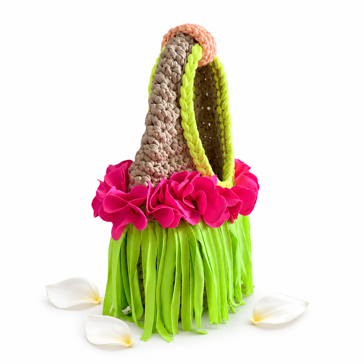 Handmade neon bloom tan crochet flower fringe mini clutch bag