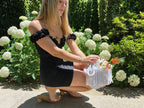 Handmade onyx black flower lei off-the-shoulder top and mini skirt matching set