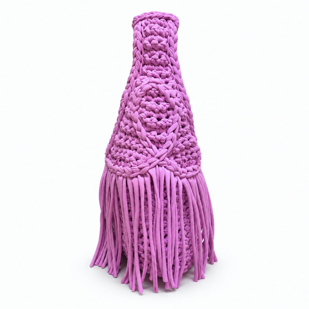 Handmade Orchid pink purple crochet fringe mini bag with flowing fringe and a braided handle.