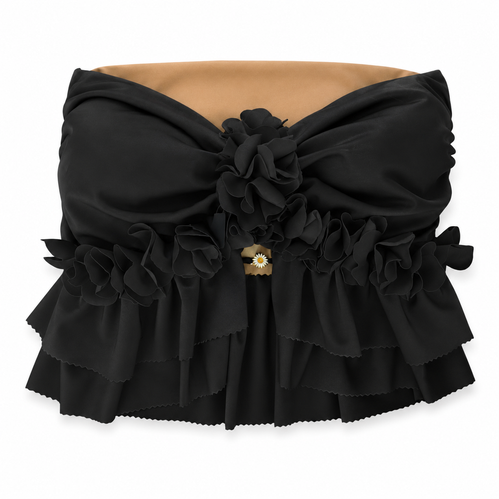 Handmade onyx black strapless floral ruffle tube top