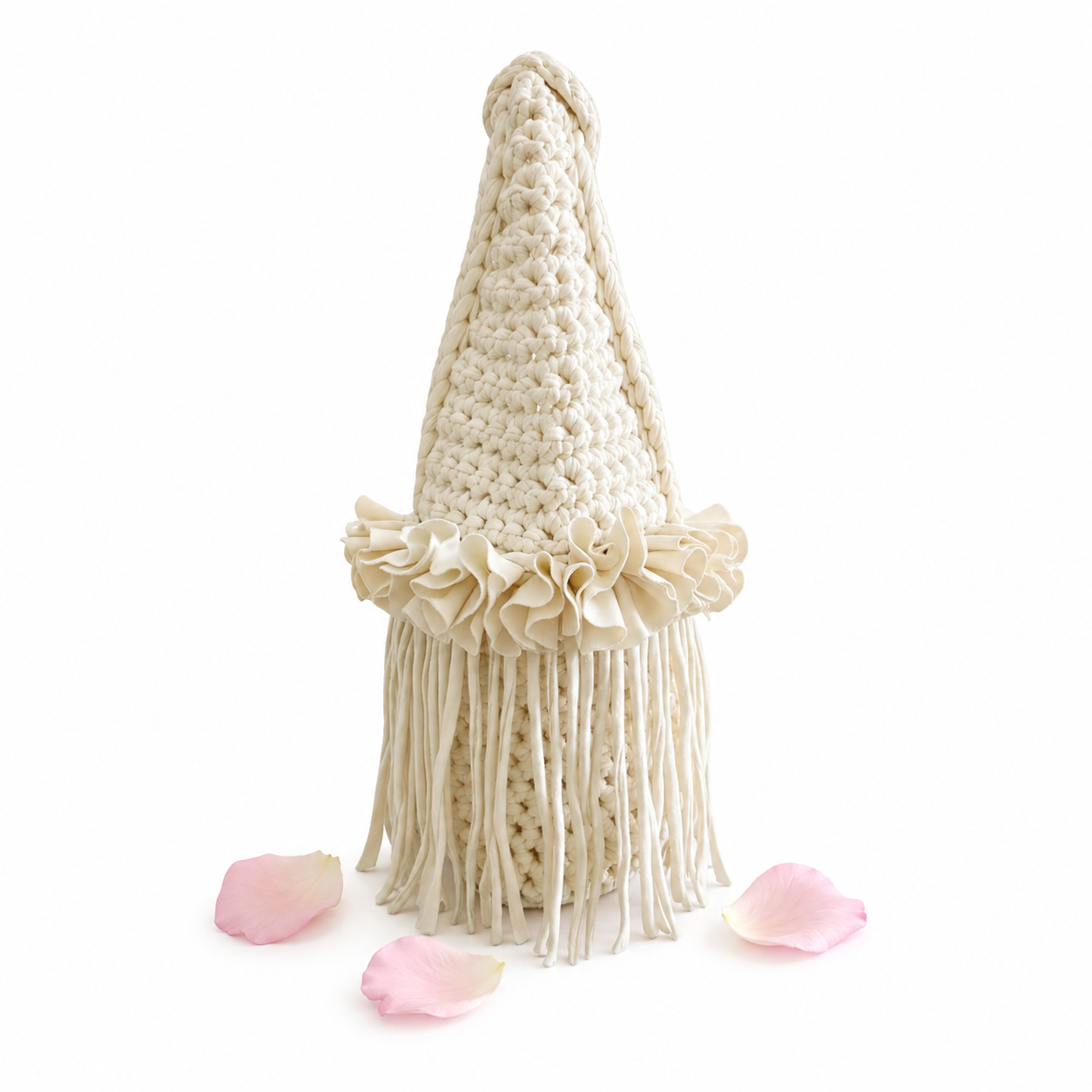 Crochet Magnolia cream flower fringe mini bag, handmade with stretch nylon/spandex. 