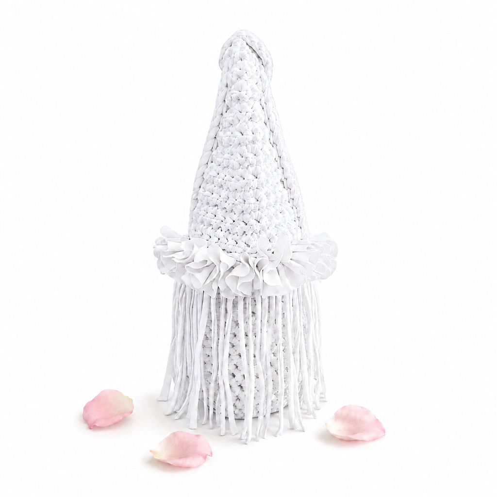 Crochet Gardenia white flower fringe mini bag, handmade with stretch nylon/spandex. 