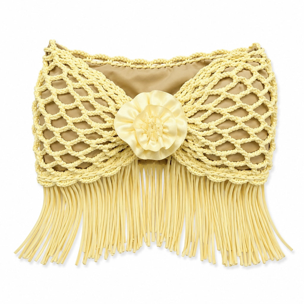 Handmade crochet rosette daffodil yellow strapless floral fringe tube top