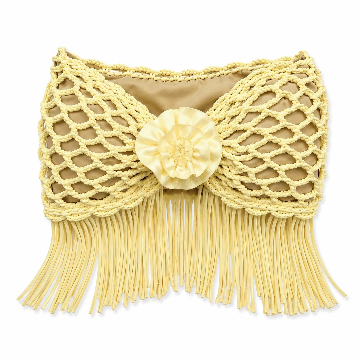 Handmade crochet rosette daffodil yellow strapless floral fringe tube top