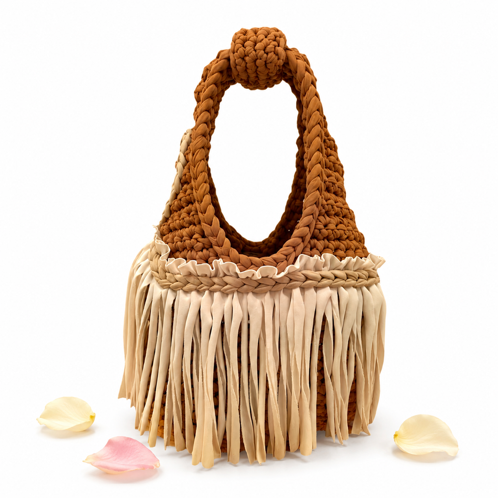 Handmade western saddle brown crochet fringe mini clutch bag