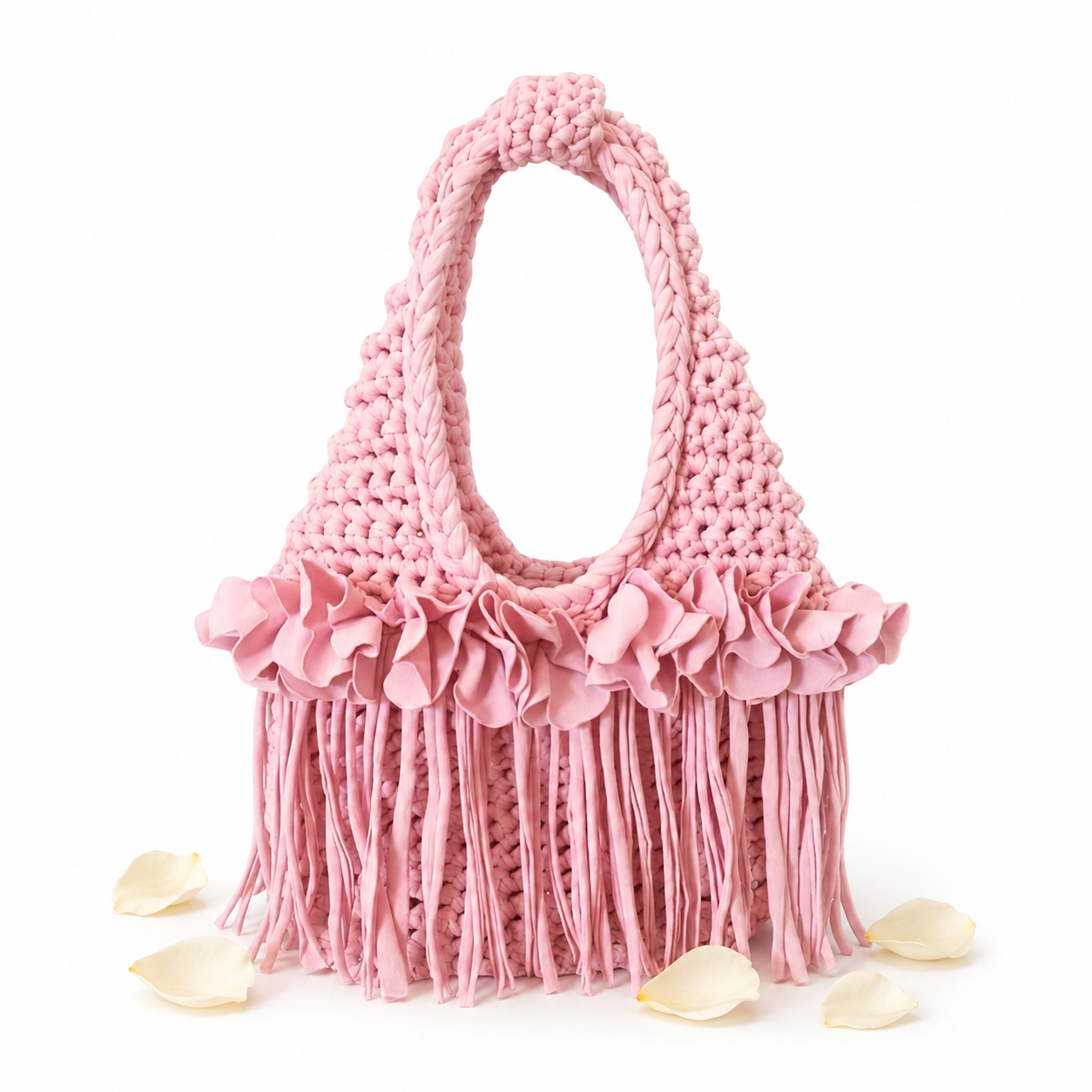 Crochet Petal pink flower fringe mini bag, handmade with stretch nylon/spandex. 