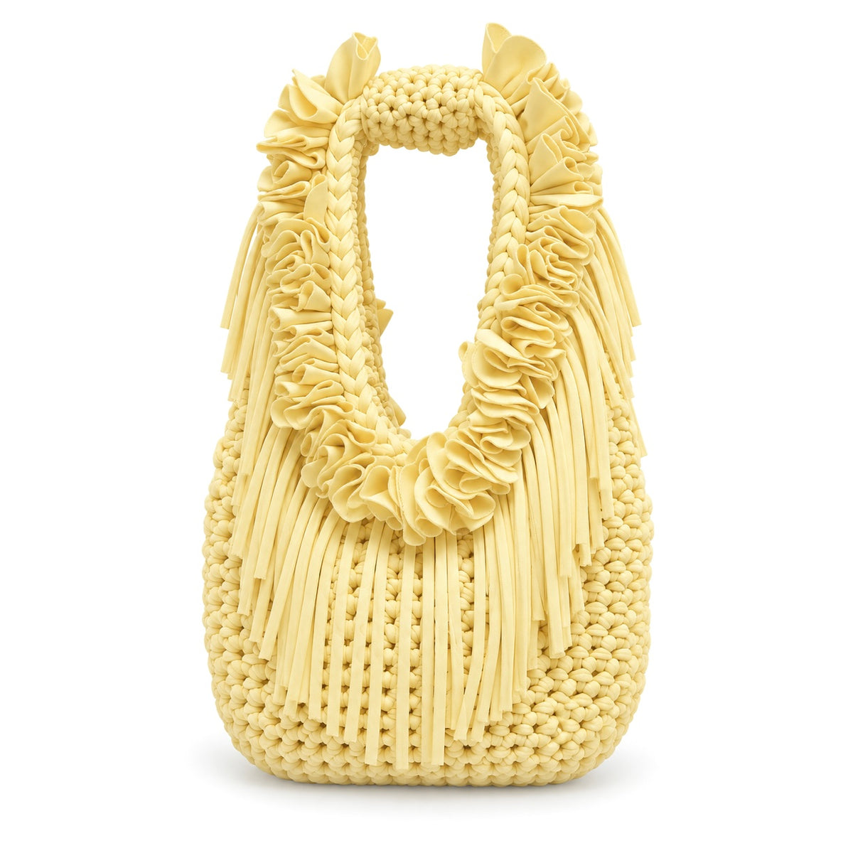 Daffodil yellow hand-crocheted Flower Lei Mini bag with cascading floral ruffles and fringe, featuring a braided handle and sculptural mini silhouette.