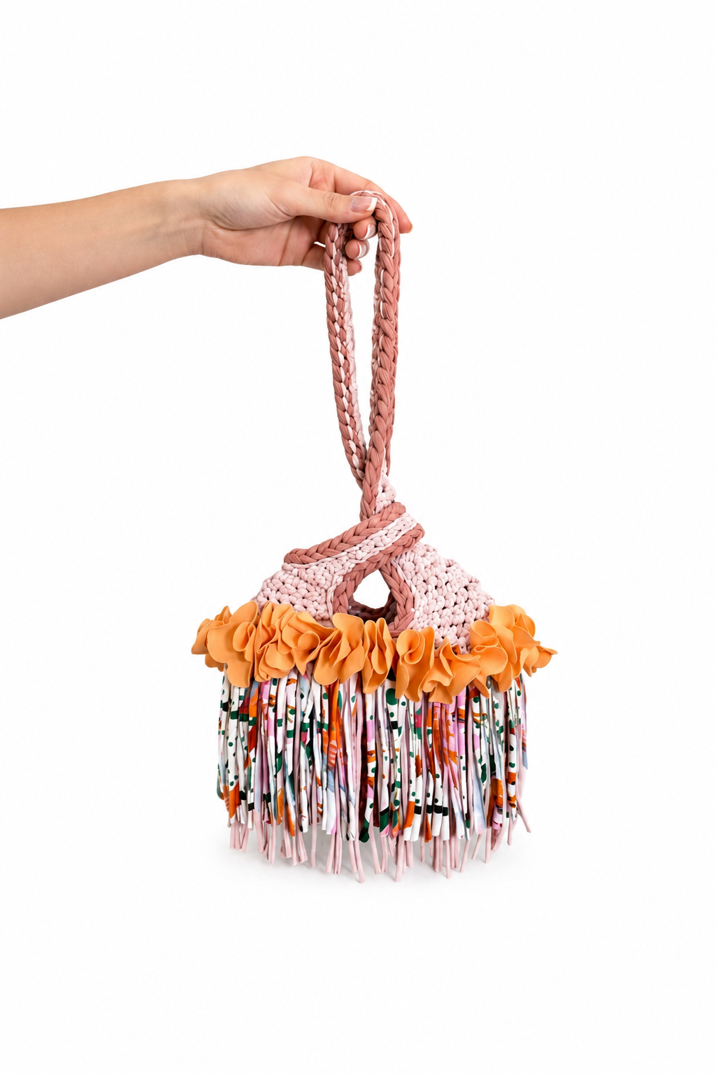 Handmade desert bloom tan crochet flower fringe mini swing bag