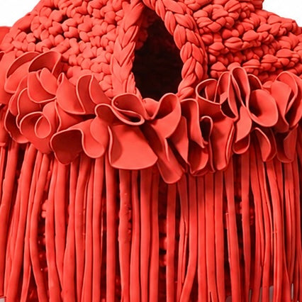 Crochet Tulip red flower fringe mini swing bag, handmade with stretch nylon/spandex. 
