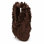 Coconut Shell brown hand-crocheted Flower Lei Mini bag with cascading floral ruffles and fringe, featuring a braided handle and sculptural mini silhouette.
