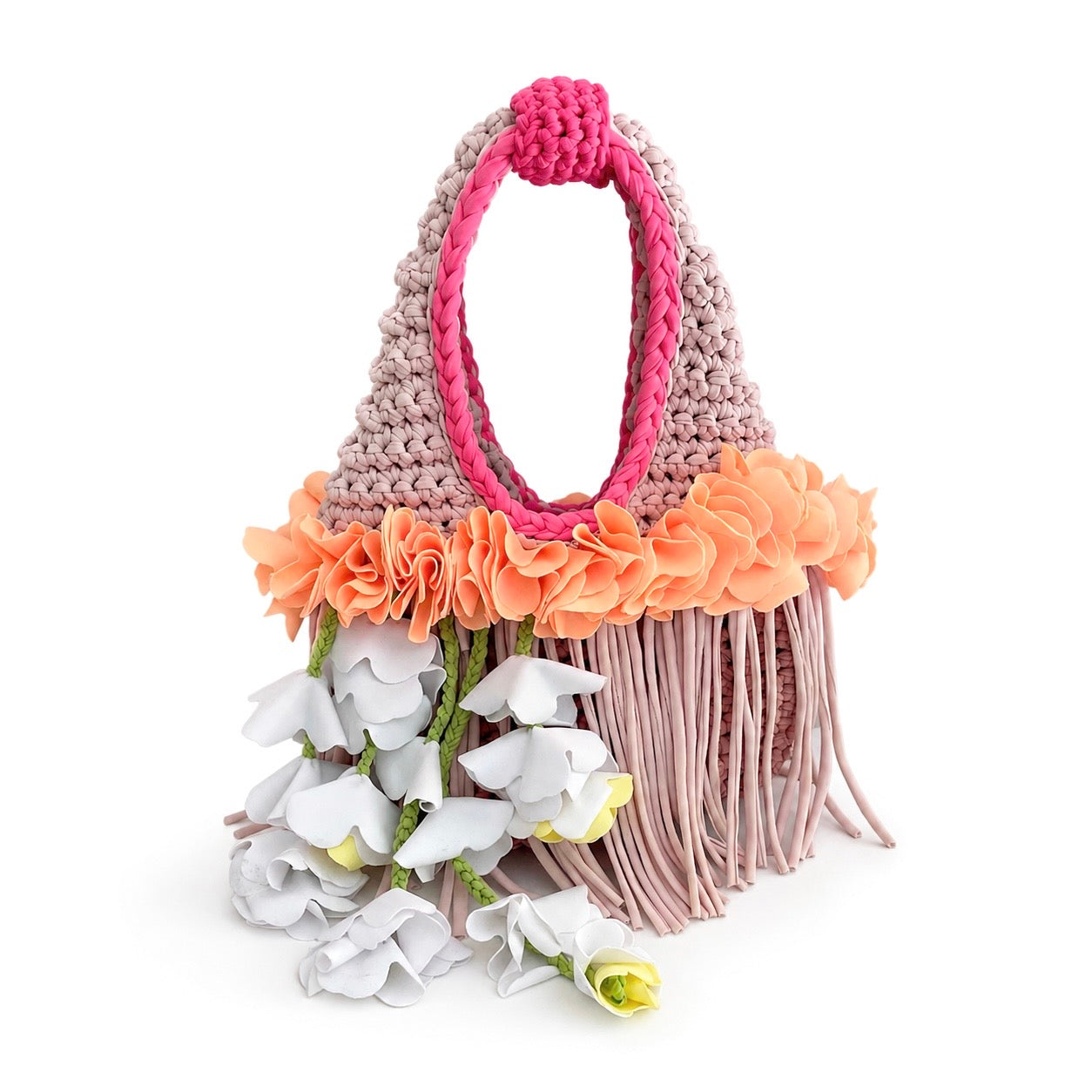 Handmade neural tan crochet whimsy mini bag with cascading orange floral fringe and braided white petal bells.