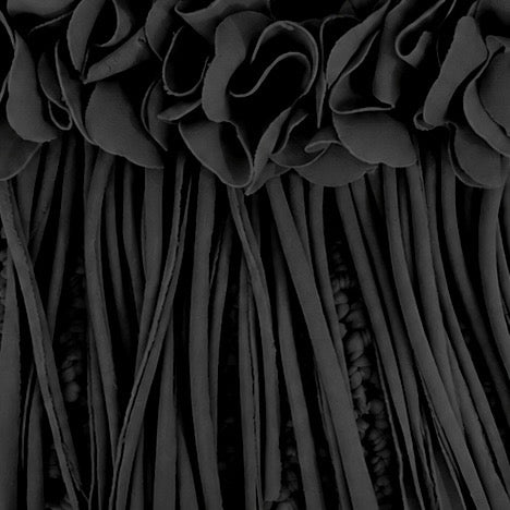 Crochet Onyx black flower fringe mini bag, handmade with stretch nylon/spandex. 