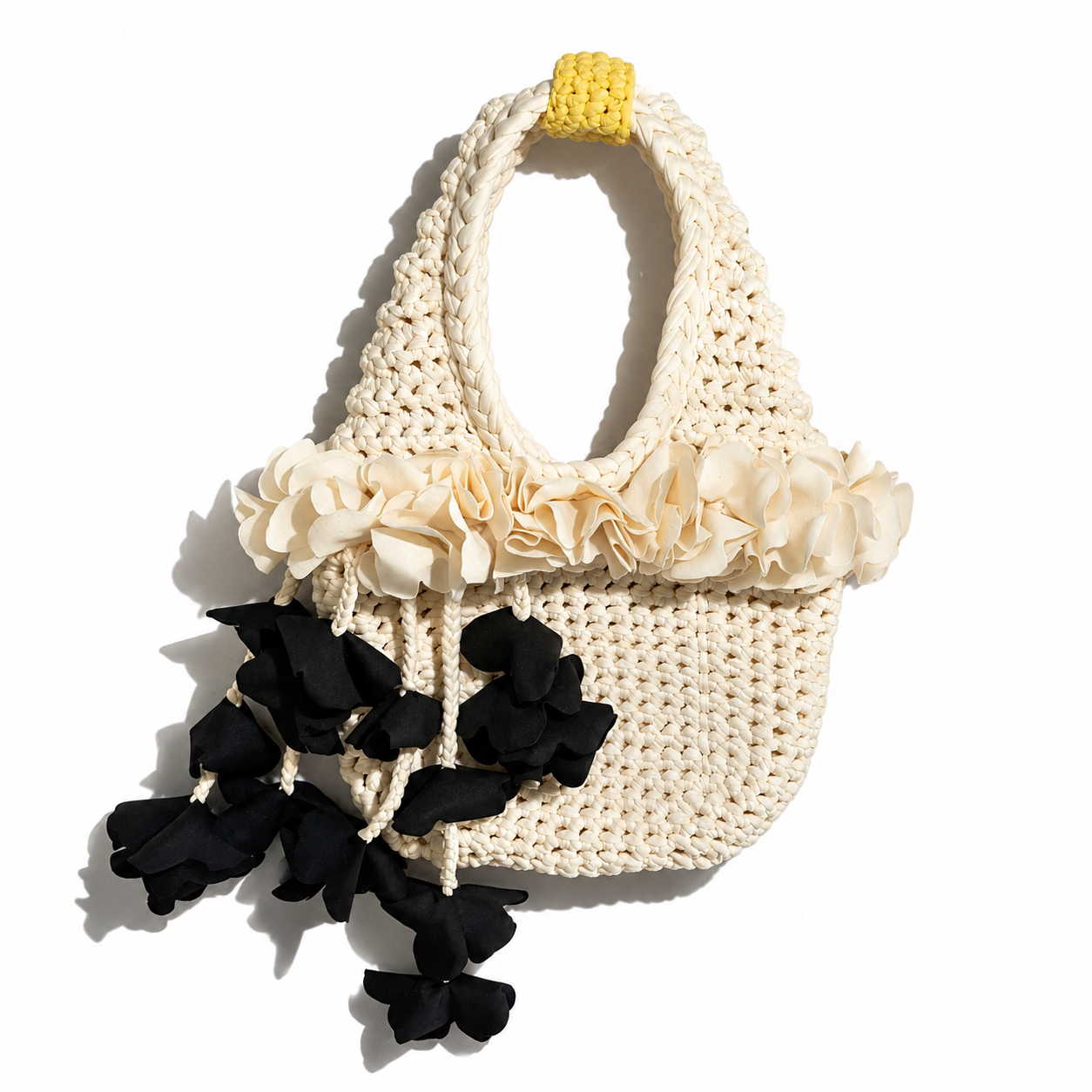 Handmade magnolia cream and onyx black Icrochet petal bell floral mini bag