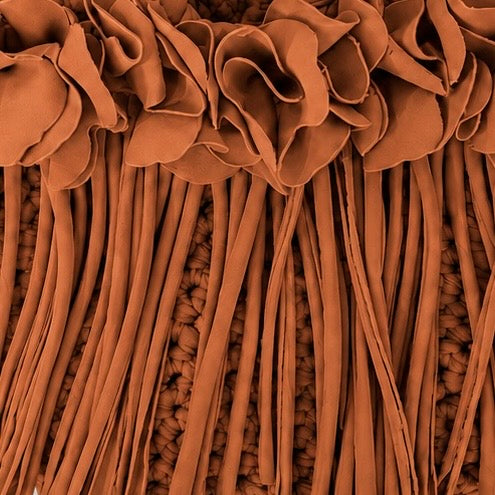 Crochet Cinnamon brown flower fringe mini bag, handmade with stretch nylon/spandex. 