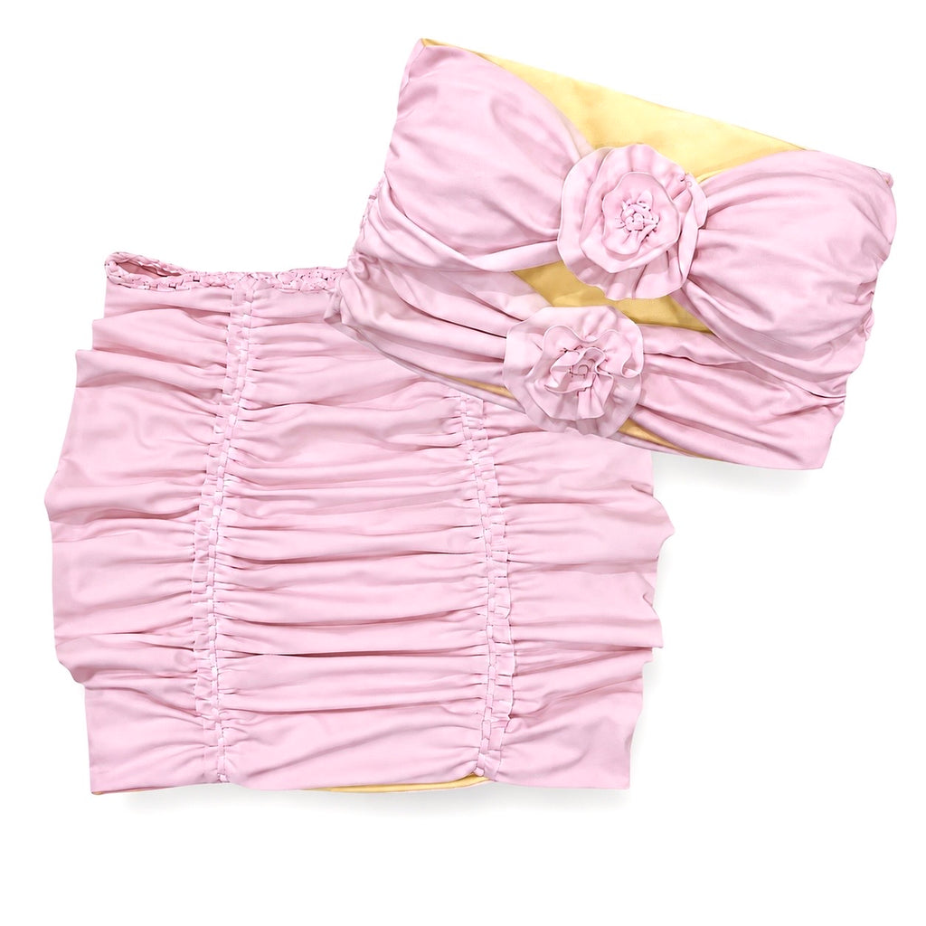 Reversible handmade petal pink double rose bandeau tube top and mini skirt set.
