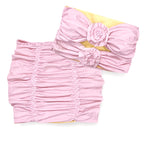 Reversible handmade petal pink double rose bandeau tube top and mini skirt set.