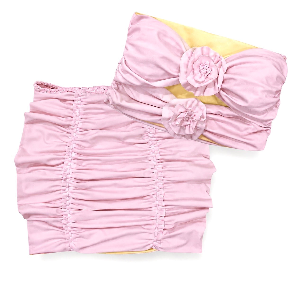 Reversible handmade petal pink double rose bandeau tube top and mini skirt set.