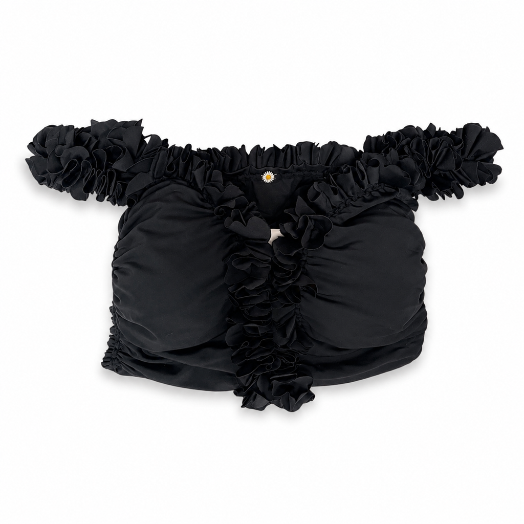 Handmade onyx black flower lei off-the-shoulder top