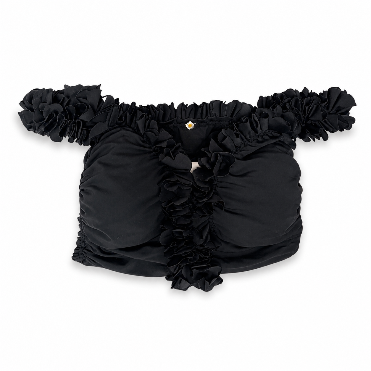 Handmade onyx black flower lei off-the-shoulder top