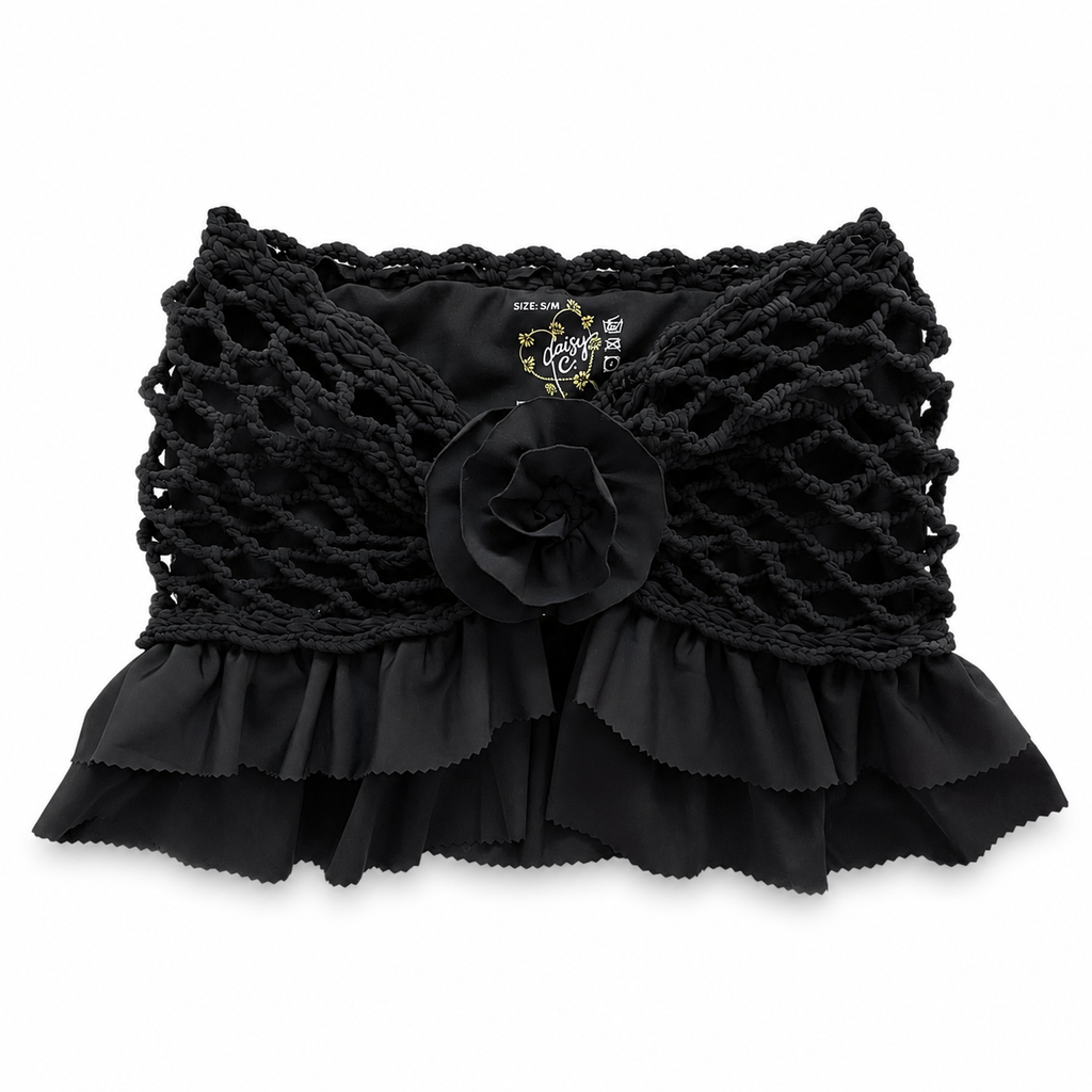 Handmade crochet rosette onyx black strapless floral ruffle tube top