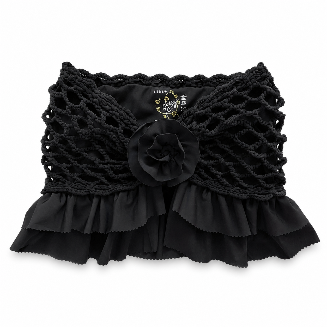 Handmade crochet rosette onyx black strapless floral ruffle tube top