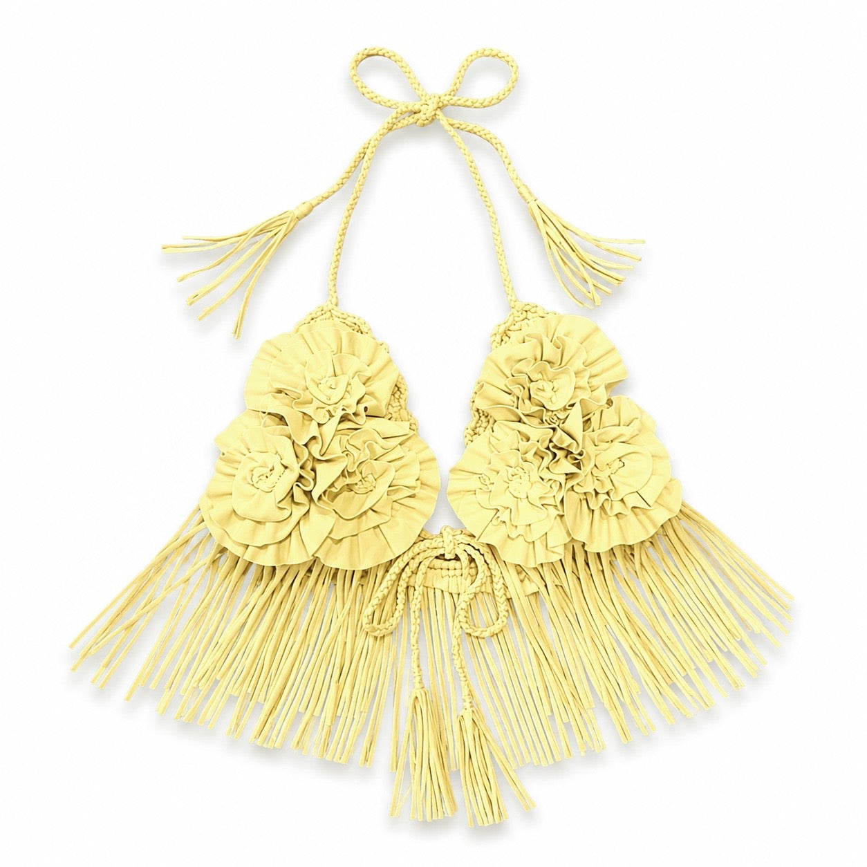 Daffodil yellow floral rosette triangle tie halter top with hand-crocheted details and fringe trim. 