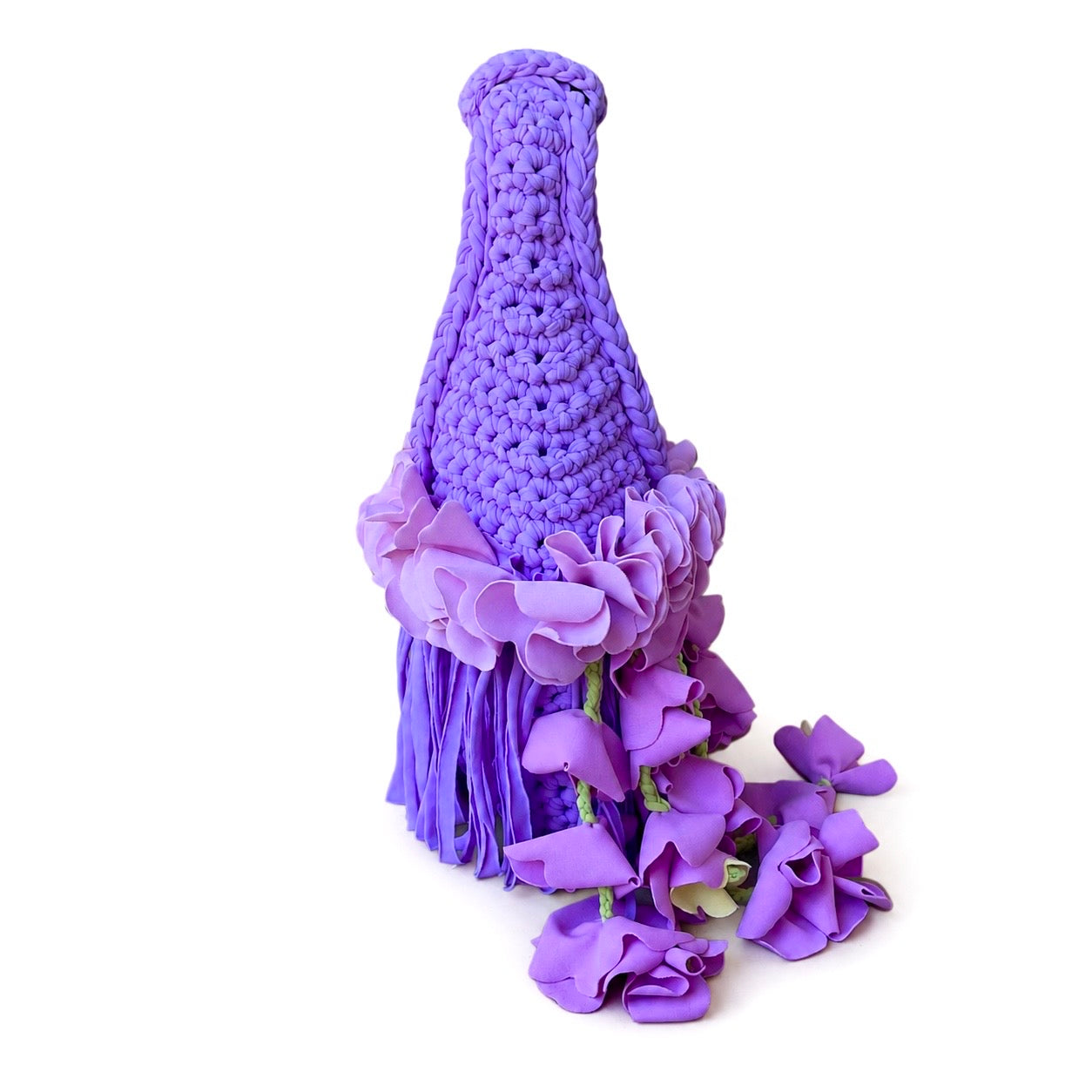 Handmade lilac purple crochet whimsy mini bag with cascading floral fringe and braided orchid petal bells.
