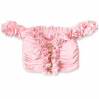 Petal pink off-the-shoulder flower lei tube top with floral trim and hand-crocheted lace-up center detail.