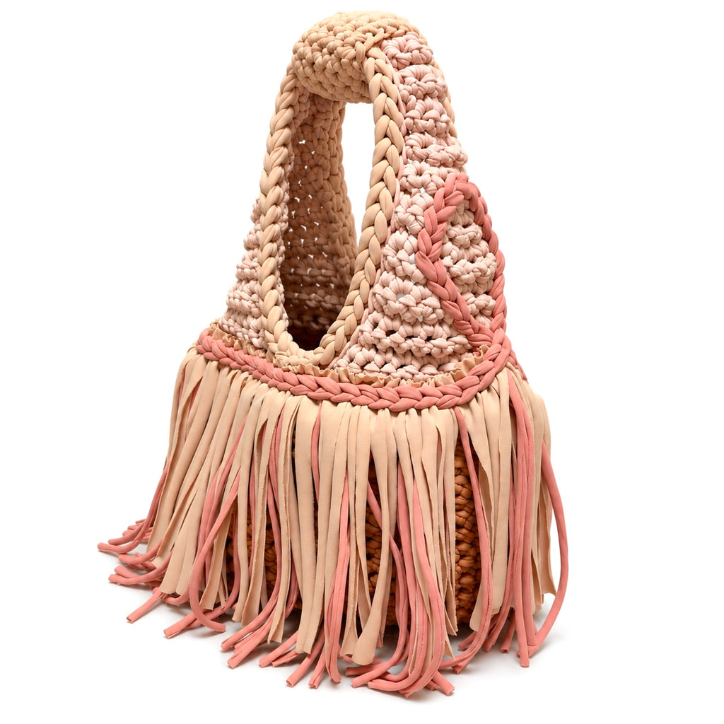 Handmade crochet fringe mini bag in Hazelnut  brown, Dusty Rose and Clay with braided handle and flowing fringe.
