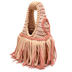 Handmade crochet fringe mini bag in Hazelnut  brown, Dusty Rose and Clay with braided handle and flowing fringe.