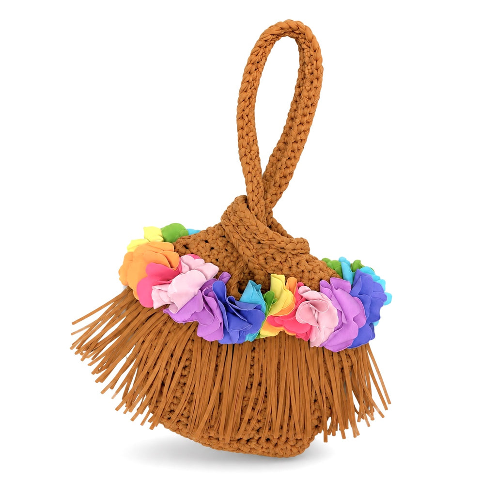 Handmade hazelnut brown crochet rainbow flower fringe mini swing bag. 