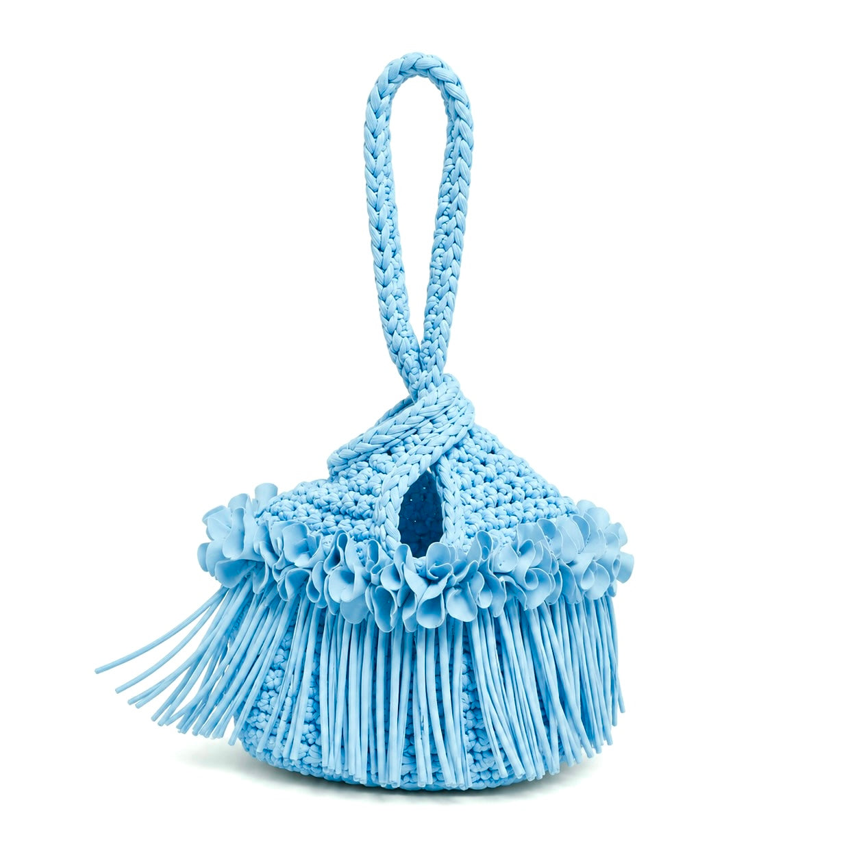 Crochet Hydrangea blue flower fringe mini swing bag, handmade with stretch nylon/spandex. 
