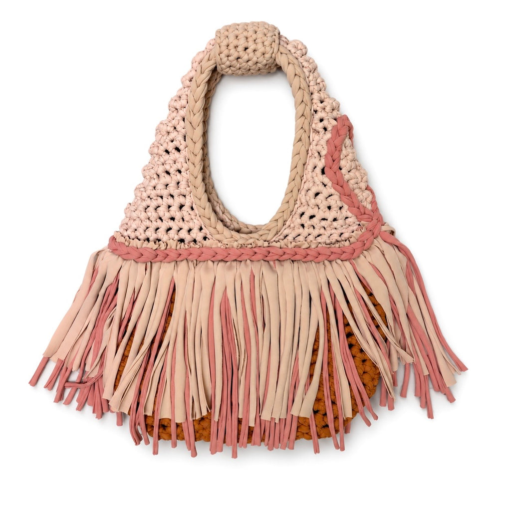 Handmade crochet fringe mini bag in Hazelnut  brown, Dusty Rose and Clay with braided handle and flowing fringe.