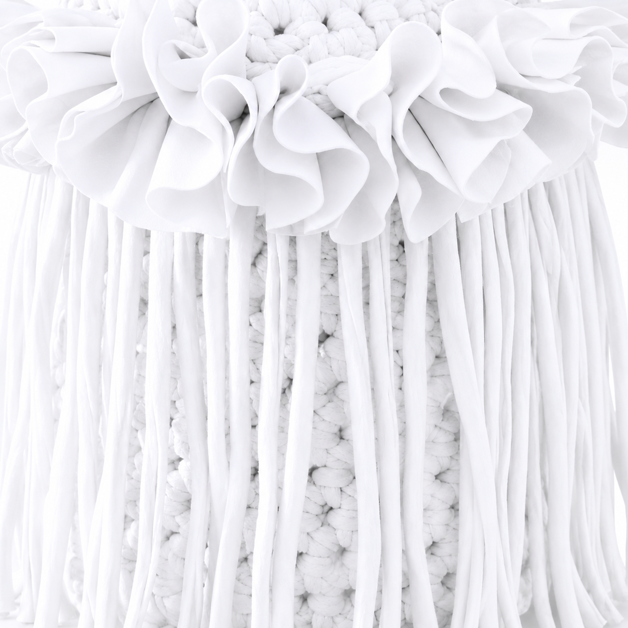Crochet Gardenia white flower fringe mini bag, handmade with stretch nylon/spandex. 