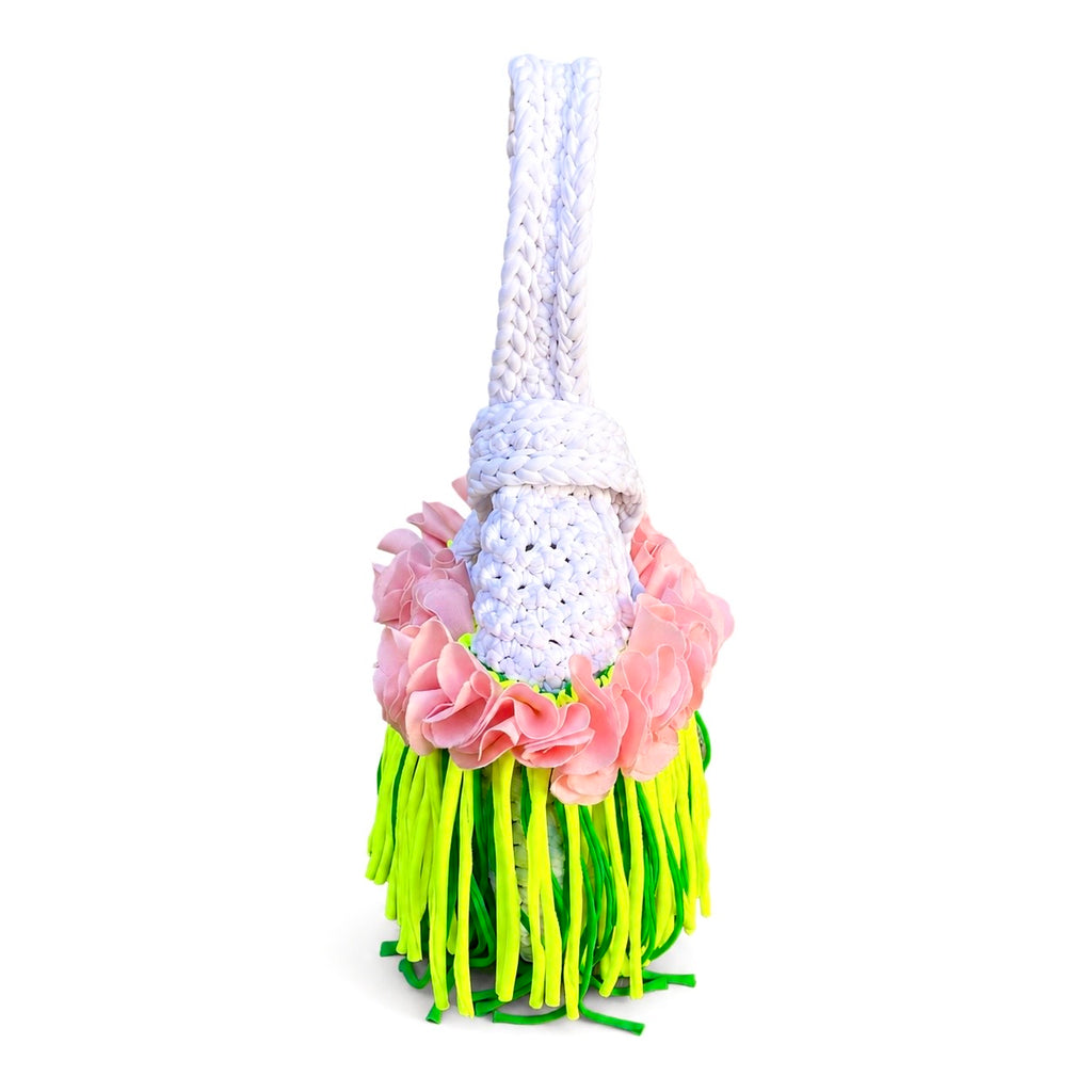 Handmade crochet mini swing bag in Gardenia white with pink flowers and tennis green fringe, featuring a loop-through wristlet by Daisy C. 
