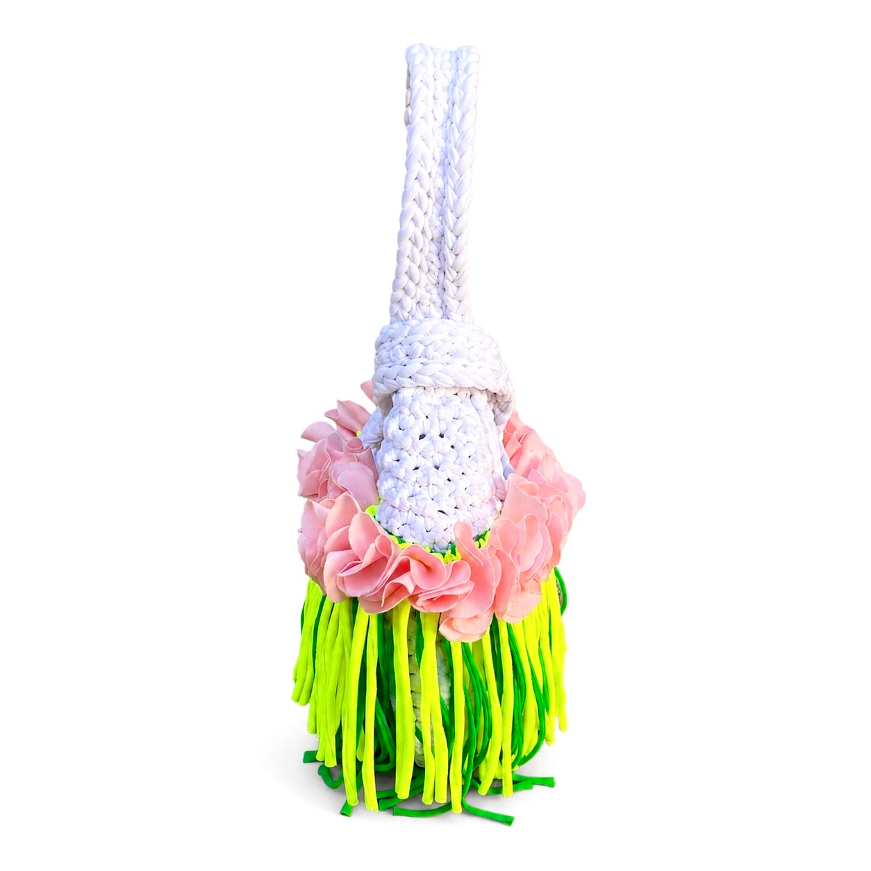 Handmade crochet mini swing bag in Gardenia white with pink flowers and tennis green fringe, featuring a loop-through wristlet by Daisy C. 