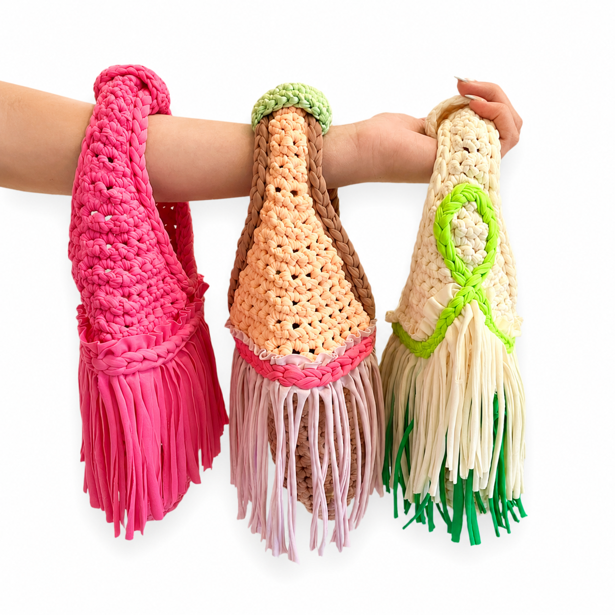 Handmade island sorbet multi color crochet fringe mini swing bag