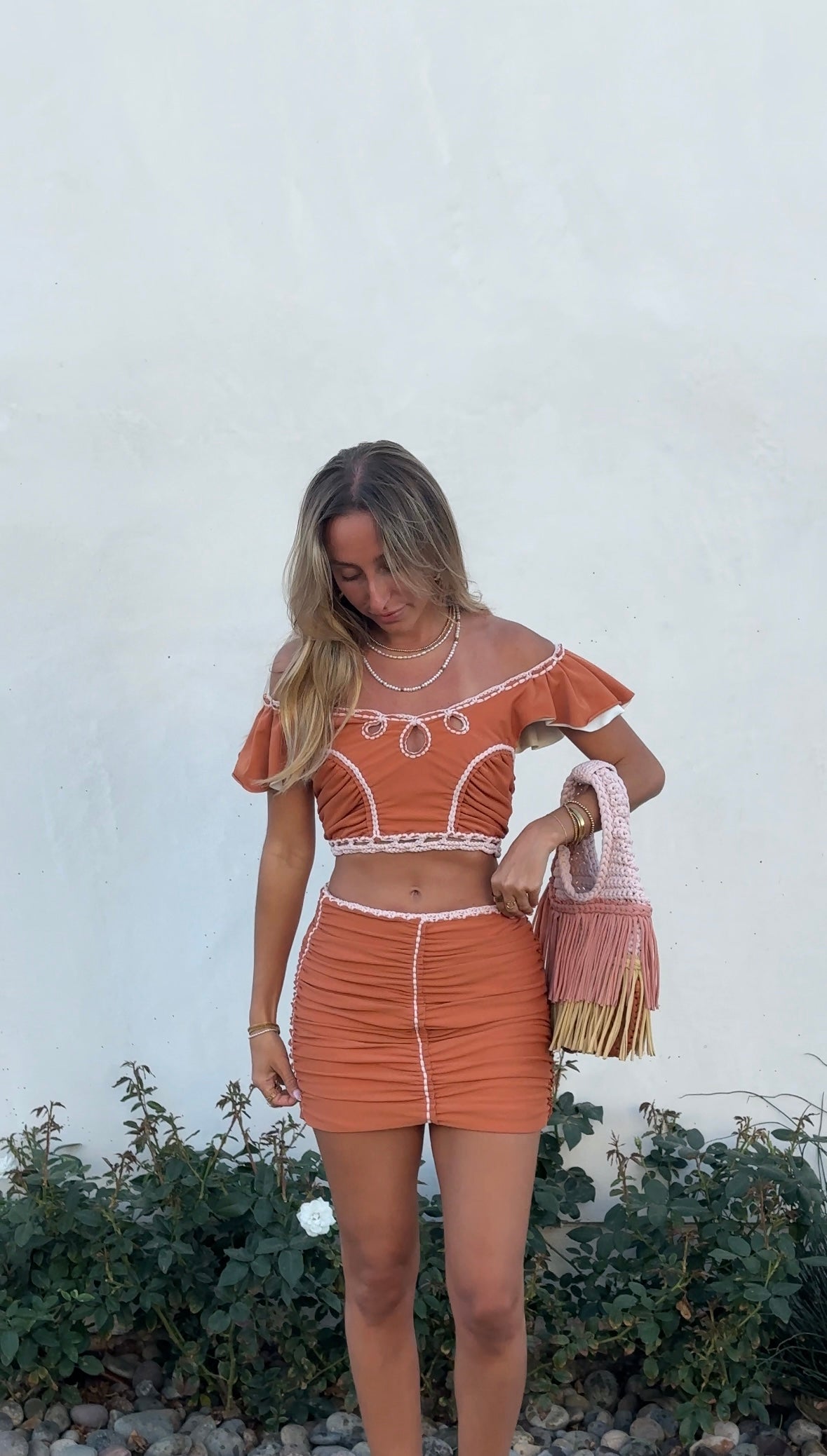 Handmade canyon rose neutral crochet double fringe tote swing bag