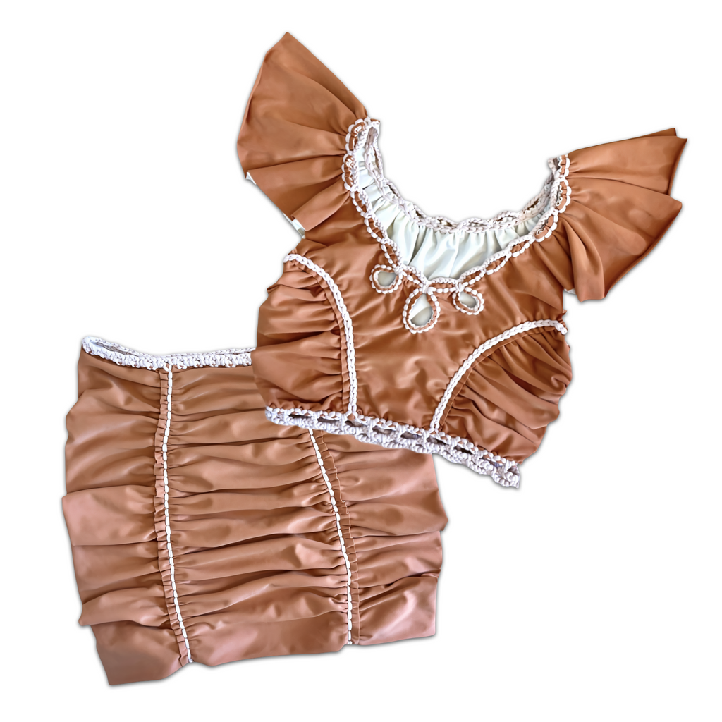 Reversible handmade cinnamon copper off-the-shoulder top and ruched mini skirt set