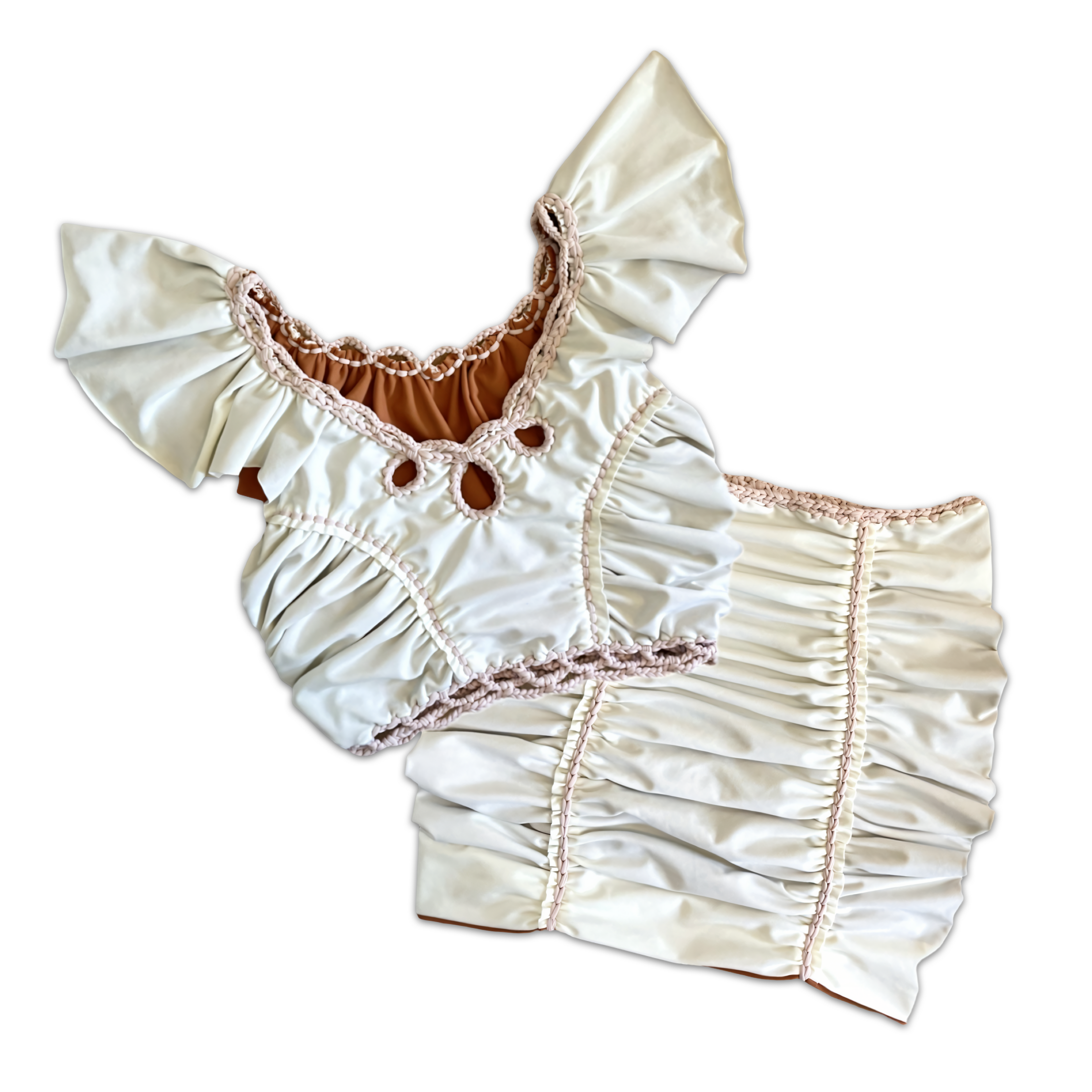 Reversible handmade magnolia cream off-the-shoulder top and ruched mini skirt set