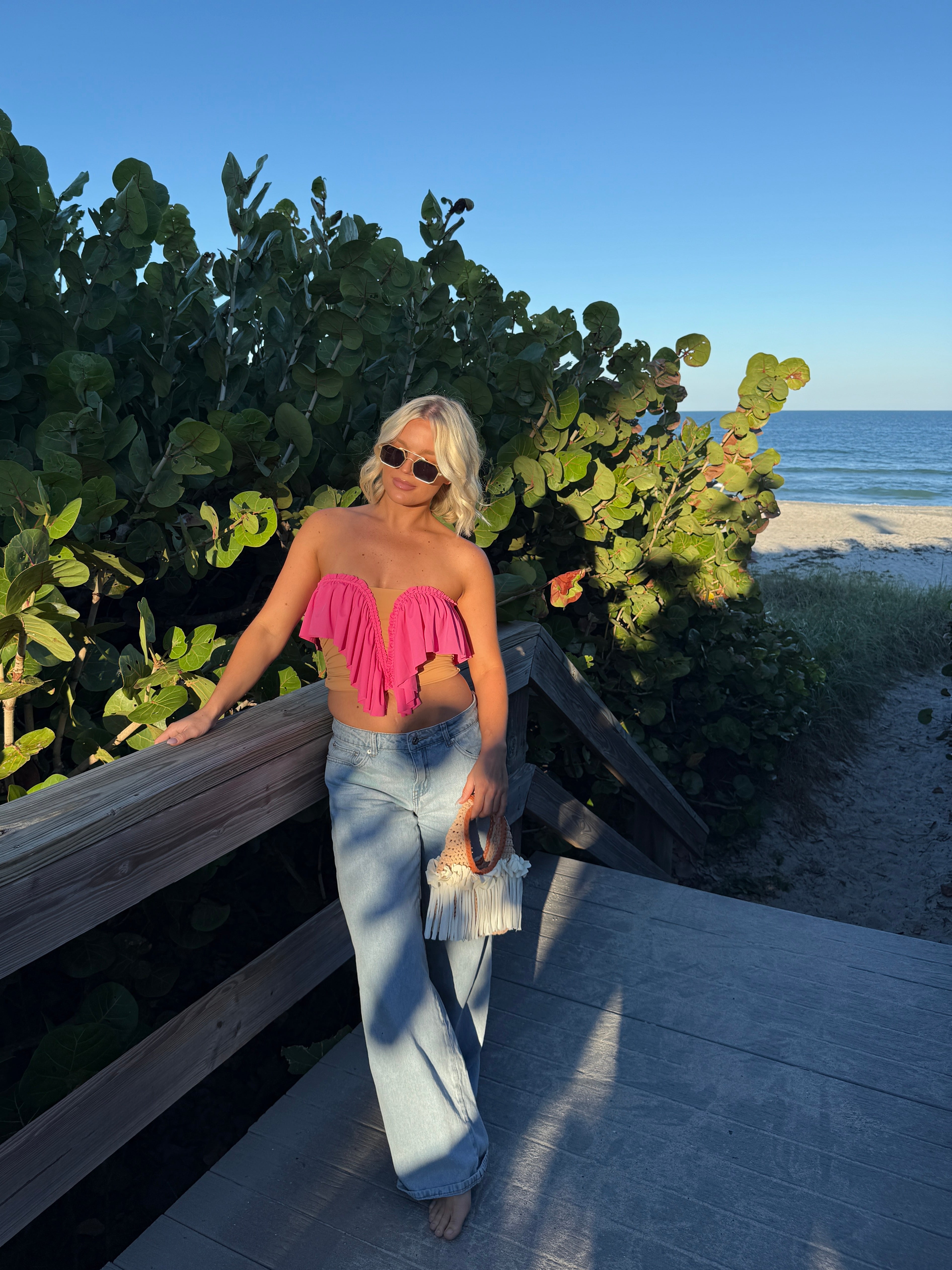 Handmade pink coral butterfly ruffle crochet tube top