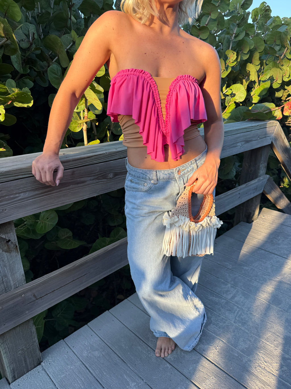 Handmade pink coral butterfly ruffle crochet tube top