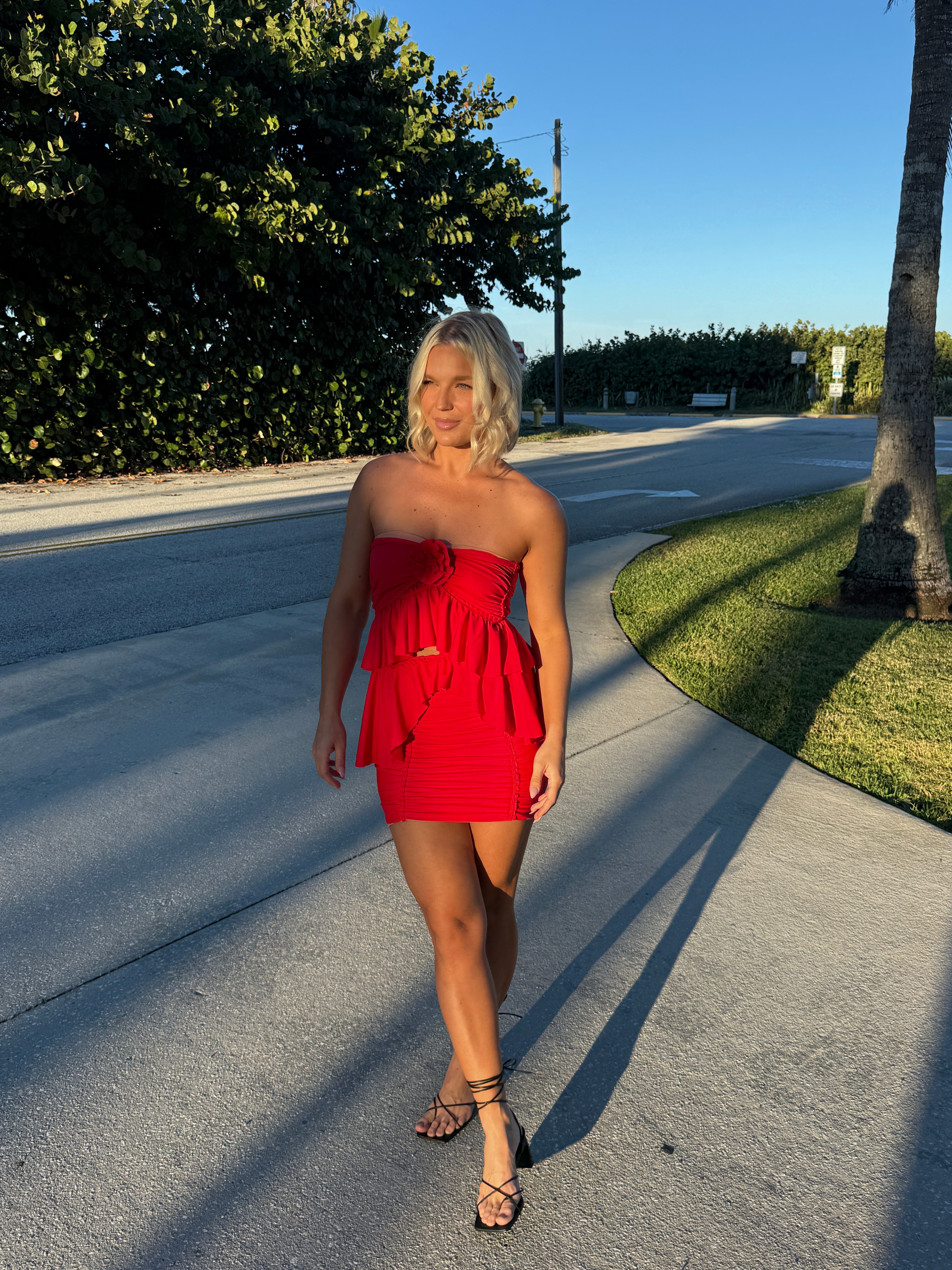 Handmade tulip red rose tube top and mini skirt matching set
