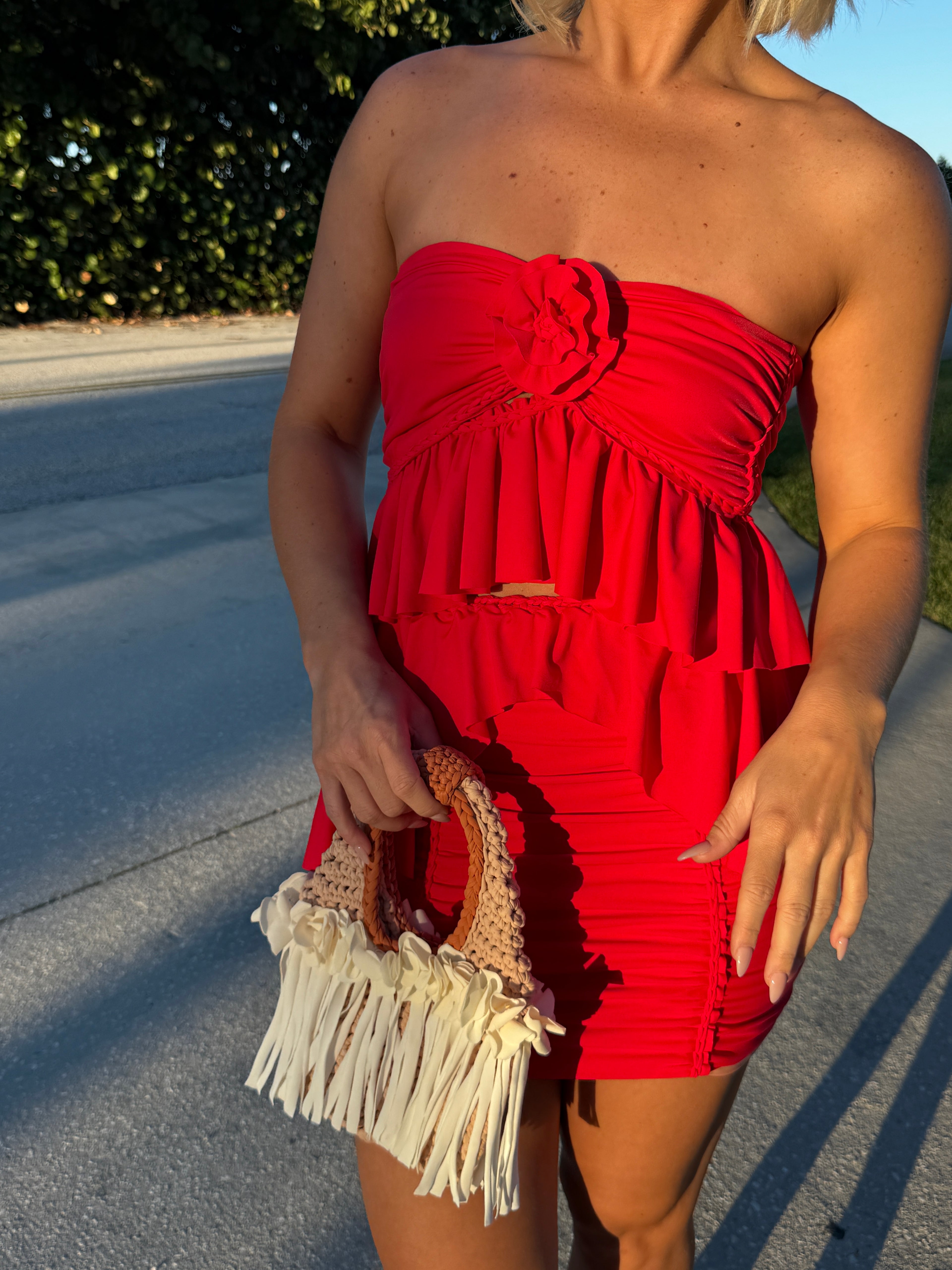 Handmade tulip red rose tube top and mini skirt matching set