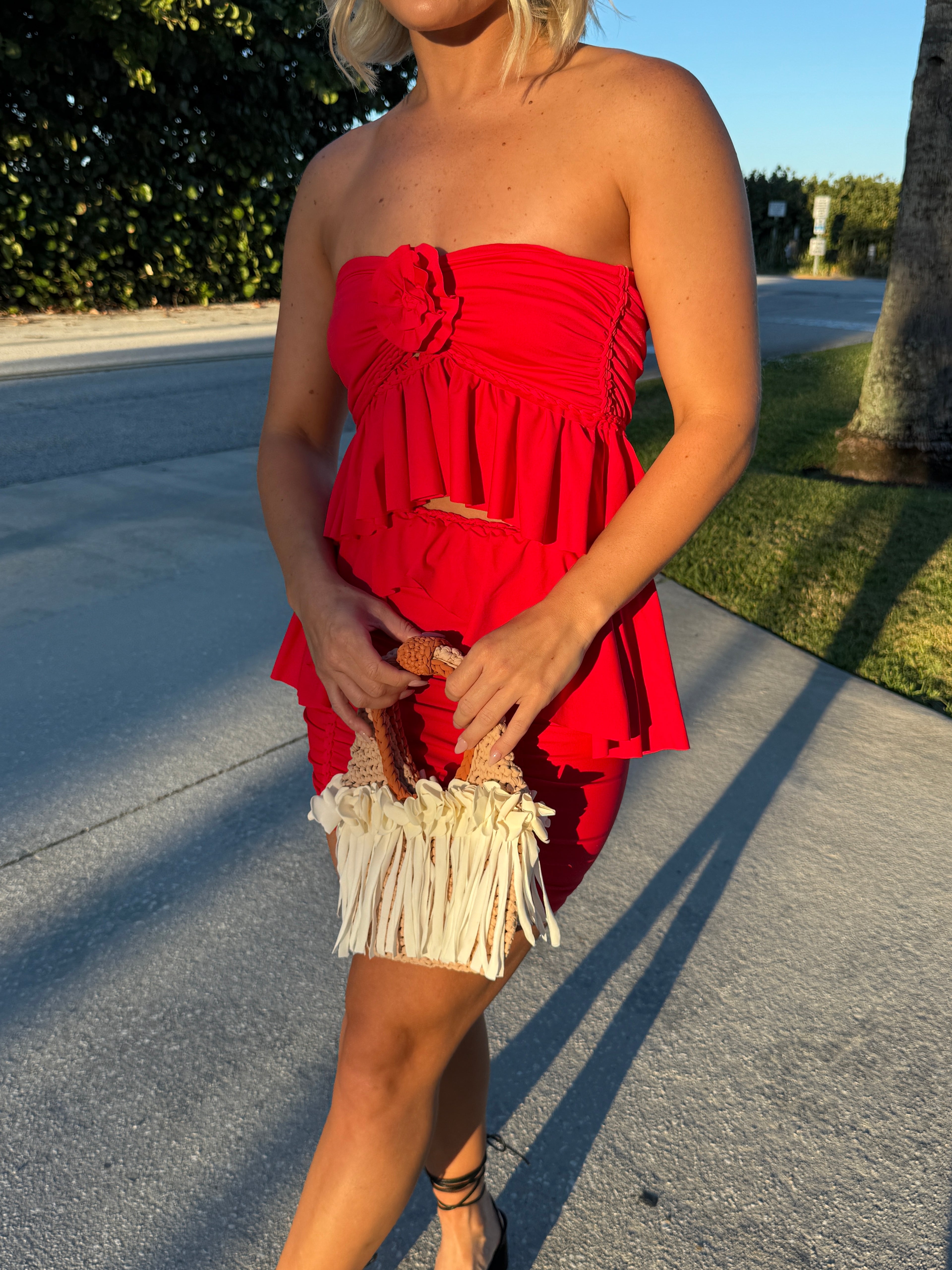 Reversible handmade tulip red ruffle rose tube top and mini skirt set