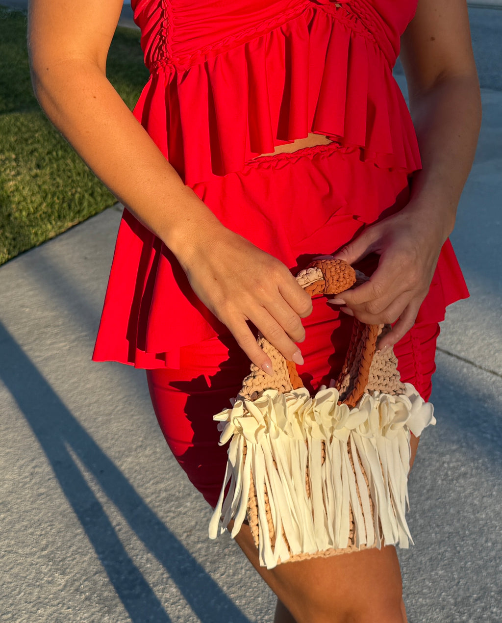 Handmade vanilla bloom neutral crochet flower fringe mini clutch bag