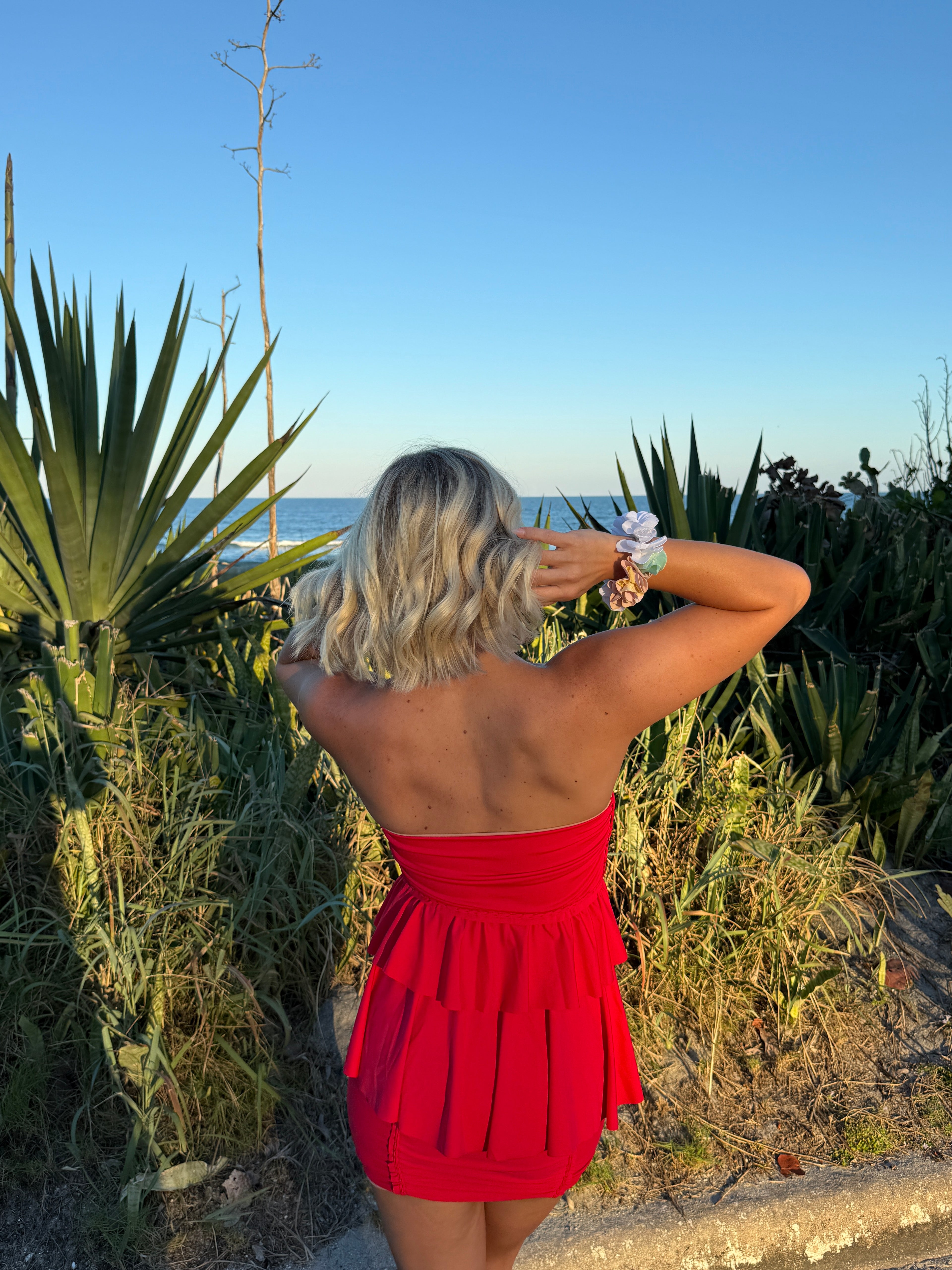 Reversible handmade tulip red ruffle rose tube top and mini skirt set