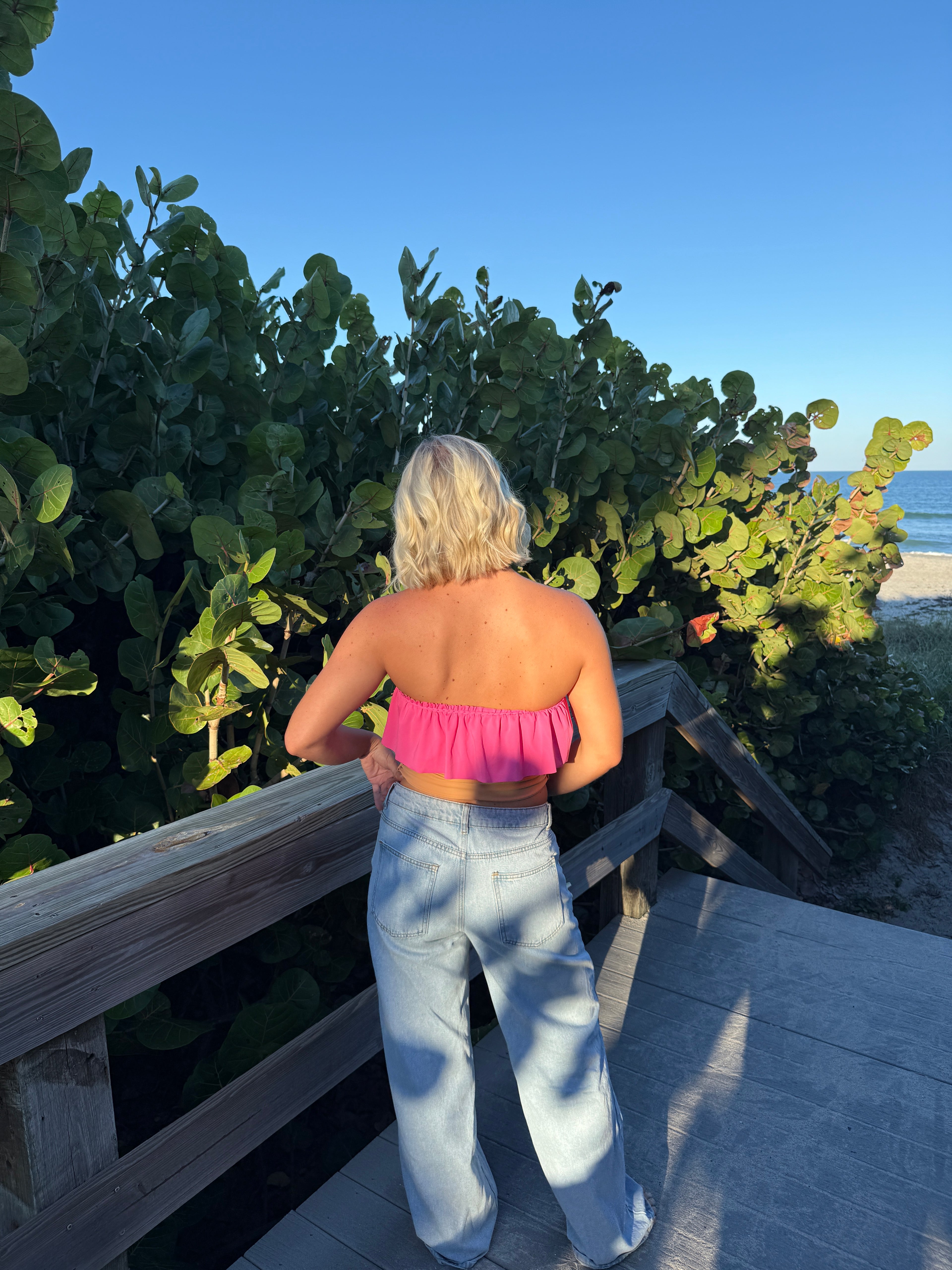 Handmade pink coral butterfly ruffle crochet tube top