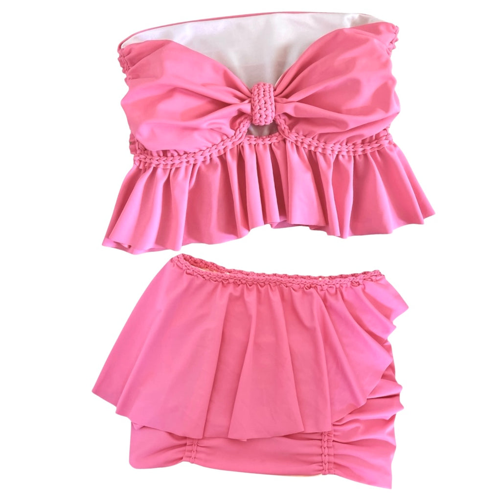 Reversible handmade hibiscus pink ruffle bow tube top and mini skirt set