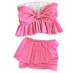 Reversible handmade hibiscus pink ruffle bow tube top and mini skirt set